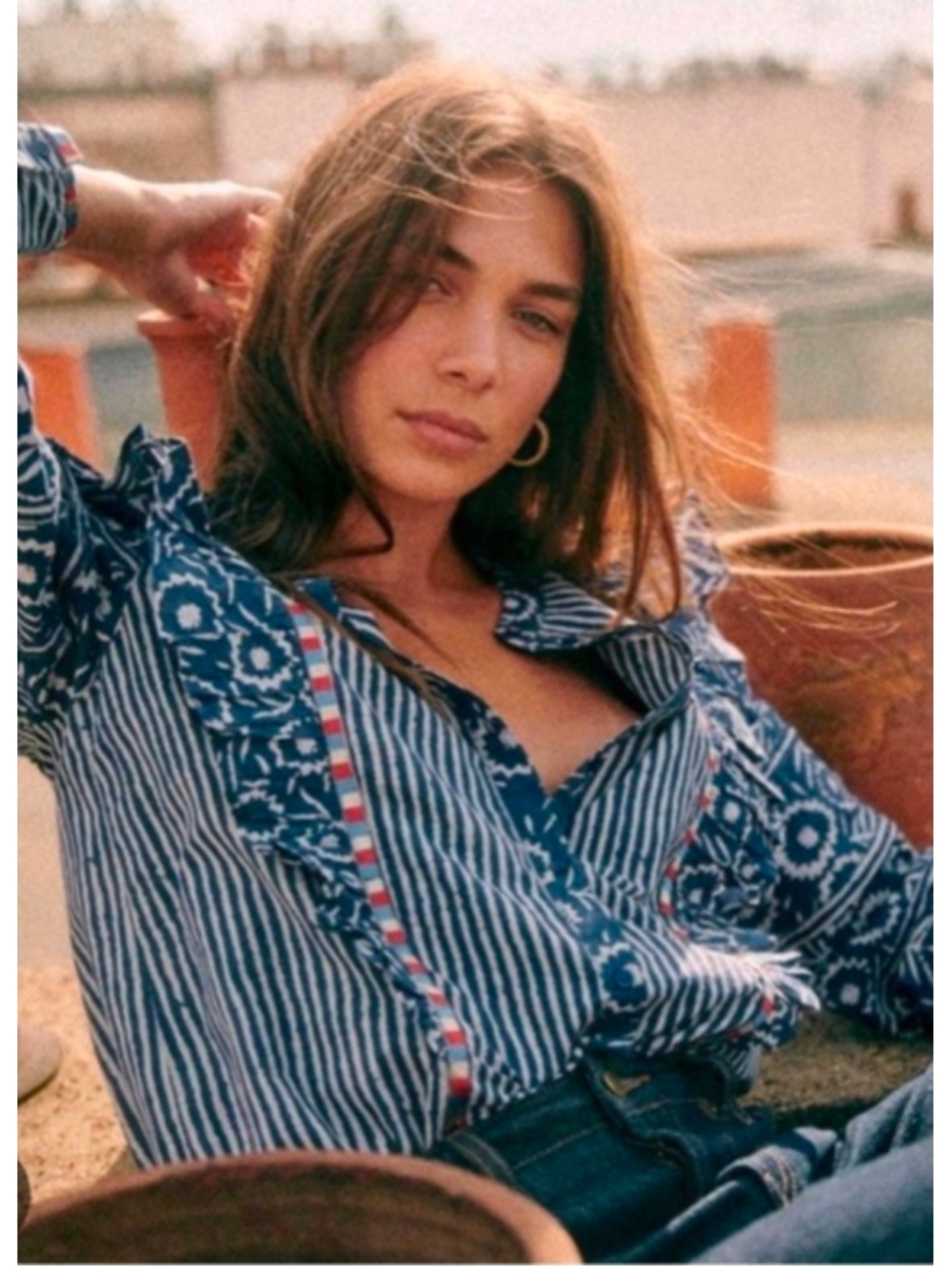Sezane Coletta Shirt Size 38 6 Blue White Striped Floral Ruffle